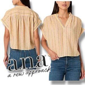 a.n.a Blouse Split Crew Neck Short Sleeve Striped Pullover Size Medium